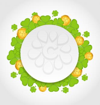 Illustration greeting card with shamrocks and golden coins for St. Patrick's Day - vector