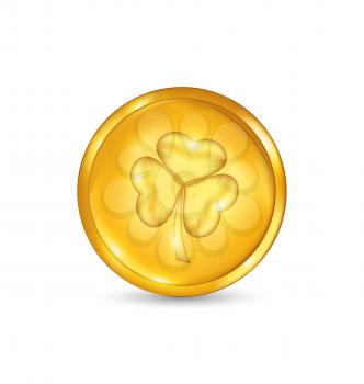 Illustration golden coin with three leaves clover. St. Patrick's day symbol - vector