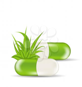 Illustration natural medical pills with green leaves and grass, isolated on white background - vector