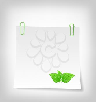 Illustration blank note paper with green leaves, isolated on white background - vector