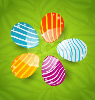 Illustration Easter set colorful ornamental eggs on green leaves background - vector