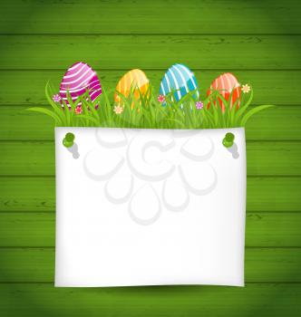Illustration Easter colorful eggs in green grass with empty paper card for your text - vector