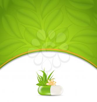 Illustration background for medical theme with green pill, flower, leaves, grass - vector
