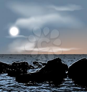 Illustration nature background, sea stones during dusk - vector