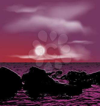 Illustration outdoor background, sea stones during night - vector