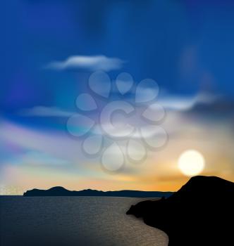 Illustration nature background, sea, mountain, sun, sky during sunrise - vector 