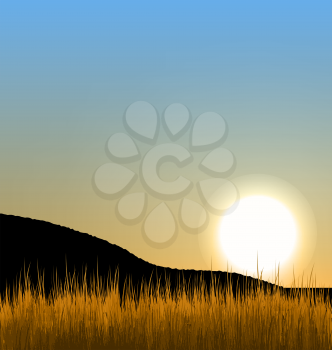 Illustration sunrise with sun, mountain and grass field - vector
