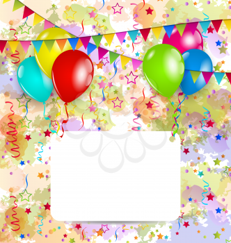Illustration modern birthday greeting card with balloons and confetti - vector