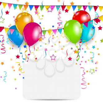 Illustration celebration card with balloons, confetti and hanging flags - vector