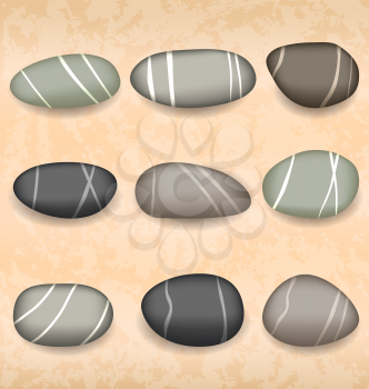 Illustration sea pebbles collection on sand background - vector
