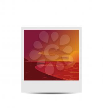 Illustration photoframe with sunset beach background - vector