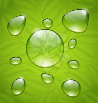 Illustration water drops on fresh green leaves texture - vector