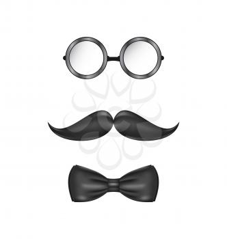 Illustration vintage symbolic of a man face, glasses, mustache and bow-tie, isolated on white background - vector
