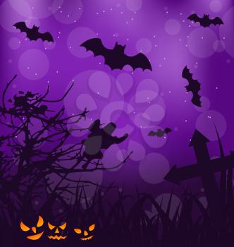 Illustration Halloween ominous background with pumpkins, bats, ghost - vector