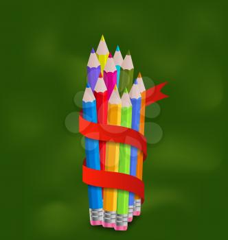 Illustration set colorful pencils with ribbon - vector