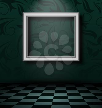Illustration picture frame in dark empty interior - vector
