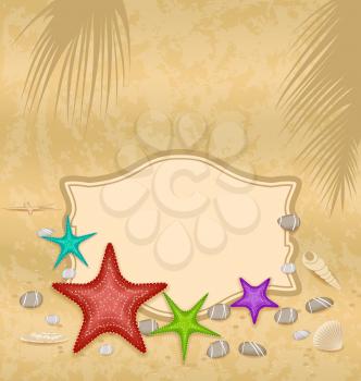 Illustration vintage greeting card with shells and starfishes and place for text - vector