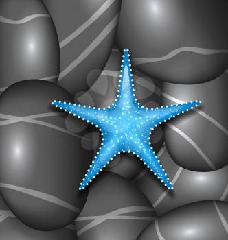 Illustration blue starfish among sea pebble stones - vector