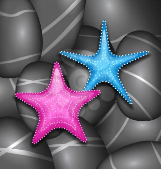 Illustration starfishes among sea pebble stones - vector