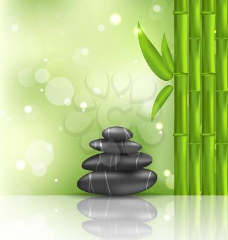 Illustration meditative oriental background with bamboo and heap stones, spa therapy - vector