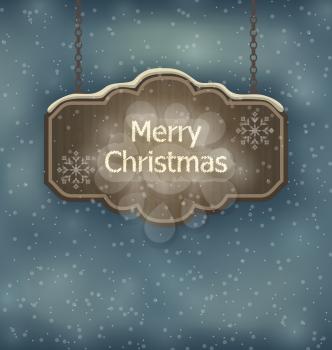 Illustration Merry Christmas wooden board, night holiday background - vector