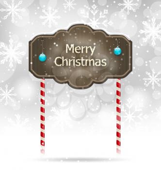 Illustration snow covered wooden sign, Merry Christmas background - vector