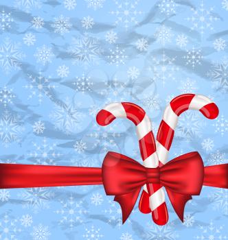 Illustration Christmas background with gift bow and sweet canes, snowflakes texture - vector