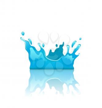 Illustration blue water splash crown with reflection, isolated on white background - vector