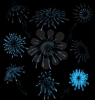 Illustration set different fireworks on dark background - vector