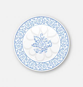 Illustration white plate with hand drawn floral ornament bezel - vector