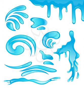 Illustration water drops, splashing waves, surge, puddle, ripples, set isolated on white background - vector