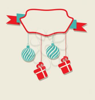 Illustration Christmas celebration card with hanging balls and gifts - vector