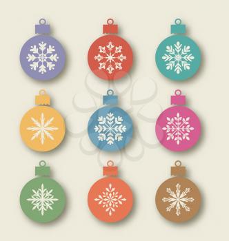 Illustration set Christmas balls with different snowflakes, vintage style - vector