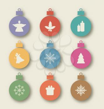 Illustration set Christmas balls with traditional elements - angel, holly berry, candle, snowflakes, bell, tree, gift - vector