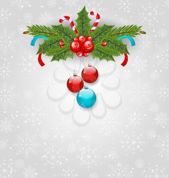 Illustration Christmas background with balls, holly berry, pine and sweet canes - vector