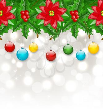 Illustration Christmas background with balls, holly berry, pine and poinsettia - vector