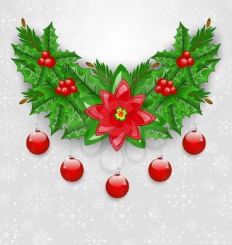 Illustration Christmas adornment with balls, holly berry, pine and poinsettia - vector