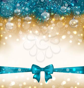 Illustration Christmas light background with realistic fir twigs, balls, ribbon bow - vector