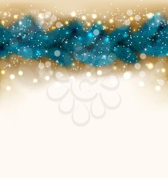 Illustration Christmas shimmering background with fir twigs, copy space for your text - vector