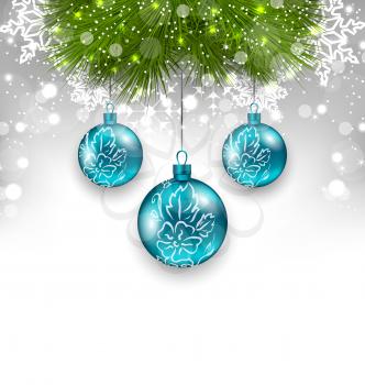 Illustration New Year background with glass hanging balls and fir twigs - vector