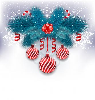 Illustration Christmas background with fir branches, glass balls and sweet canes - vector
