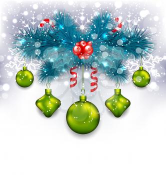 Illustration Christmas traditional decoration with fir branches, glass balls and sweet canes - vector
