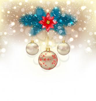Illustration Christmas gliwing background with fir branches, glass balls and flower poinsettia - vector