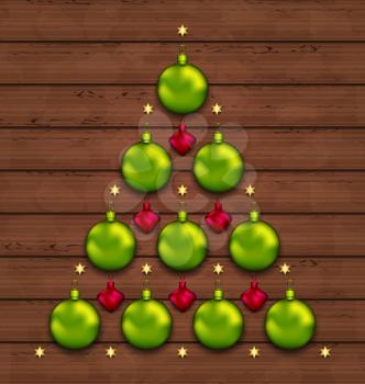Illustration Christmas tree made of baubles on wooden background - vector