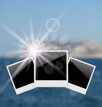 Illustration set photo frame on blurred seascape background - vector