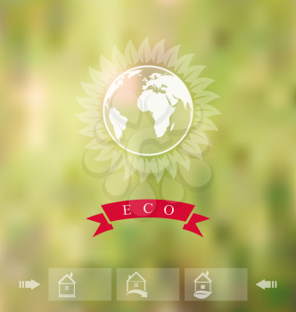 Illustration blurred background with eco badge, ecology label with icons of green house - vector