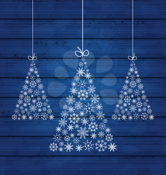 Illustration holiday wooden background with Christmas pines made of snowflakes - vector