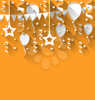 Illustration happy birthday background with balloons, stars and pennants, trendy flat style - vector