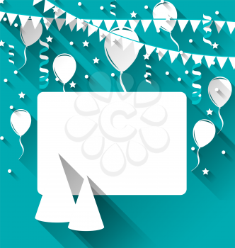 Illustration celebration card with party hats, balloons, confetti and hanging flags - vector