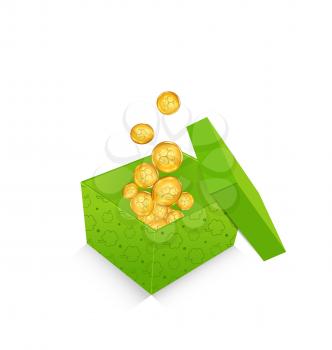 Illustration open cardboard box  with golden coins for St. Patrick's Day, isolated on white background - vector